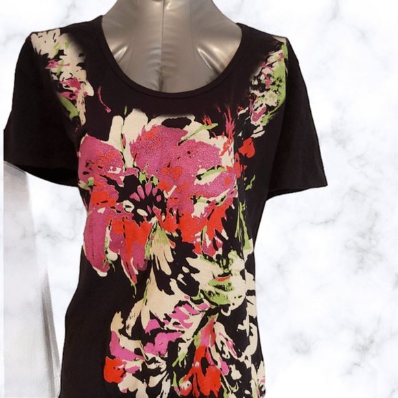 ♣Black T-shirt w Colourful Abstract Floral Pattern - Picture 3 of 4